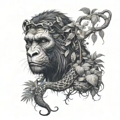 Leon With Jungle Bushes Trees Forest Snakes And Apes And Liana