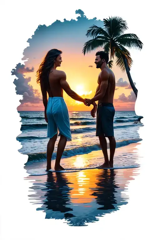 Beach Sunset With Couple Holding Hands