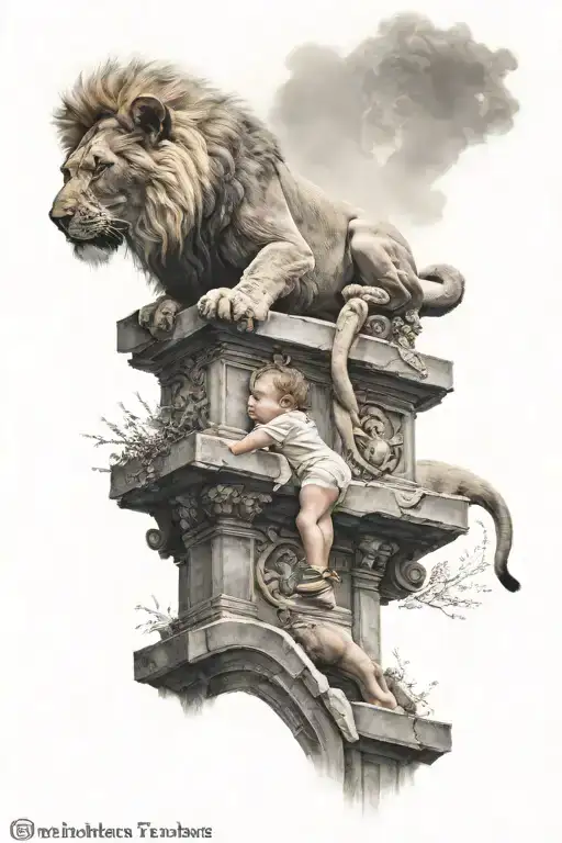 Baby Human Crawling Up Heaven Stairs With Lion Head