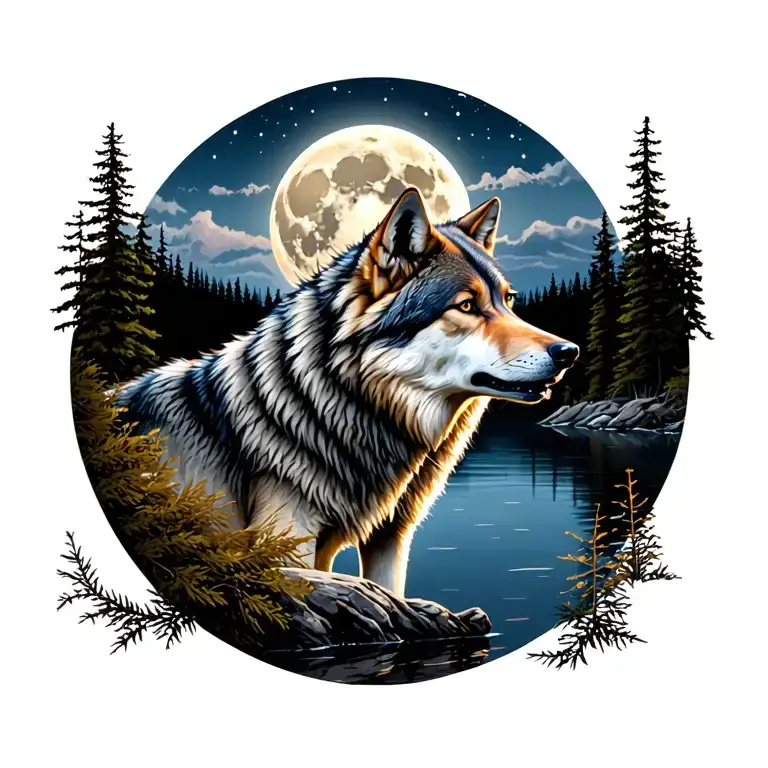 Adult Wolf In Front Of A Lake Forest Howling At The Moon In The Distance