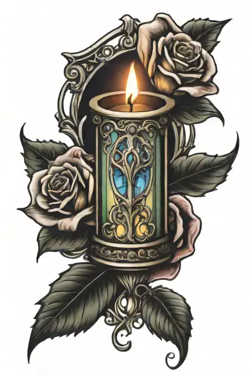Candle With Rose And Gothic Cathedral Stained Glass Window