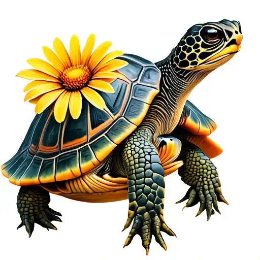 Turtle With Compus And Black Eye Susan Flowers Growing