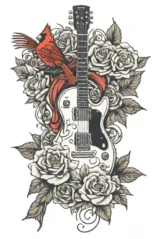 Memorial Cardinal And Cascade Of Roses In Front Of Red Electric Guitar