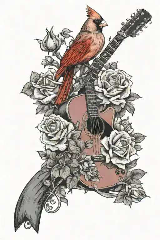 Feminine Memorial Cardinal And Cascade Of Roses In Front Of Red Electric Guitar