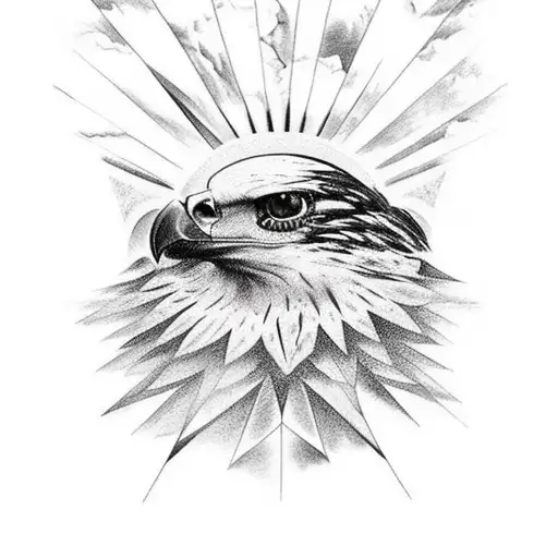 Black And White Hawk With Colored Eyes On Top Of Mountain With The Sun In The Back