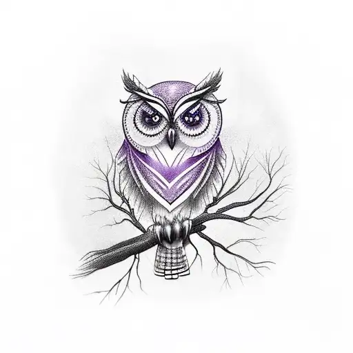 A Majestic Owl Perched On A Branch With A Background Of Purple Mountains At Sunset