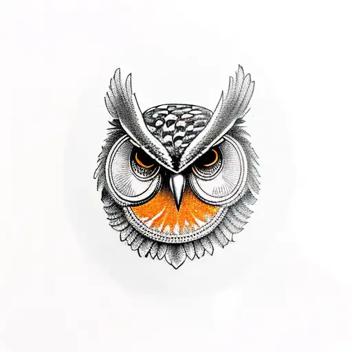 Realistic Owl Head With Orange Eyes And Skulls As Background