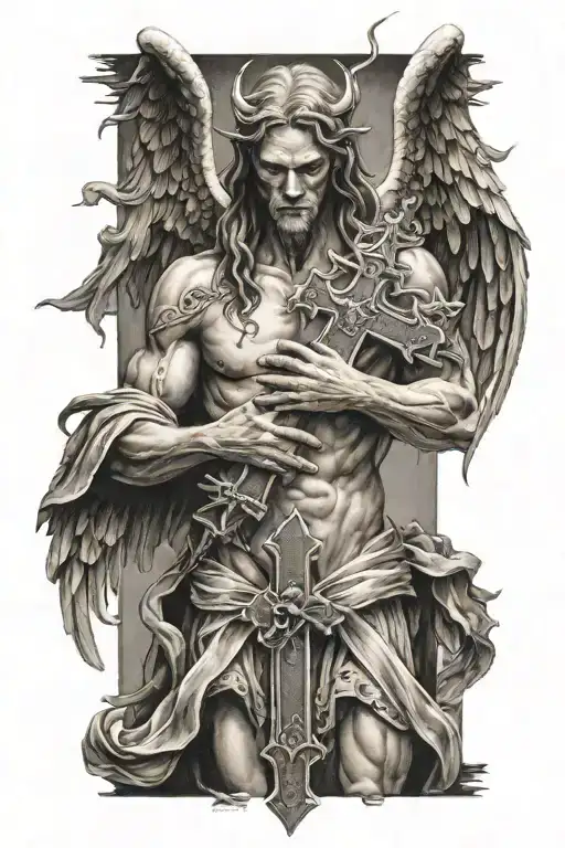 Angel Holding Cross Stabbing Demon