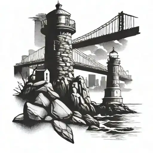 Lighthouse With Rocks Surrounding And The Brooklyn Bridge
