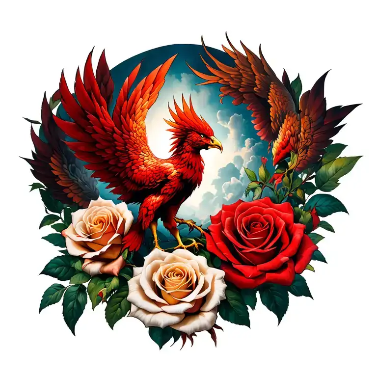 Red Phoenix Over Roses