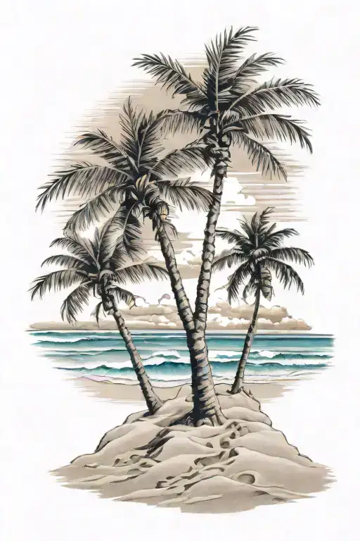 3 Footsteps In The Sand On A Beach With Canary Palm Trees