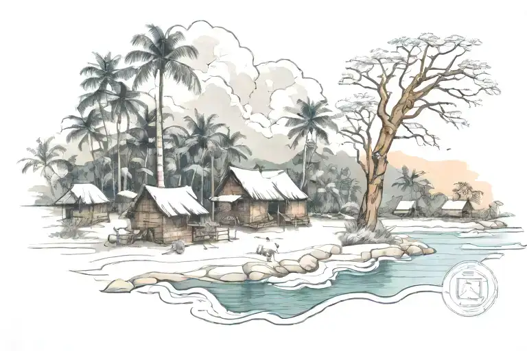 Trapical Island With Carabao And Huts In The Background