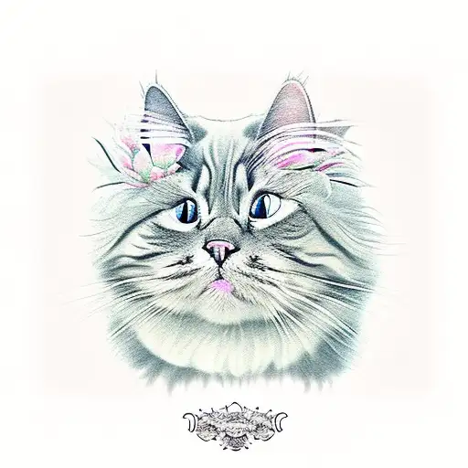 Color Fluffy Stretching Cat With Peonies