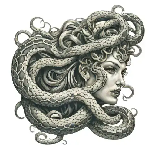 Medusa With Bold Eyes And Snakes Covering Mouth