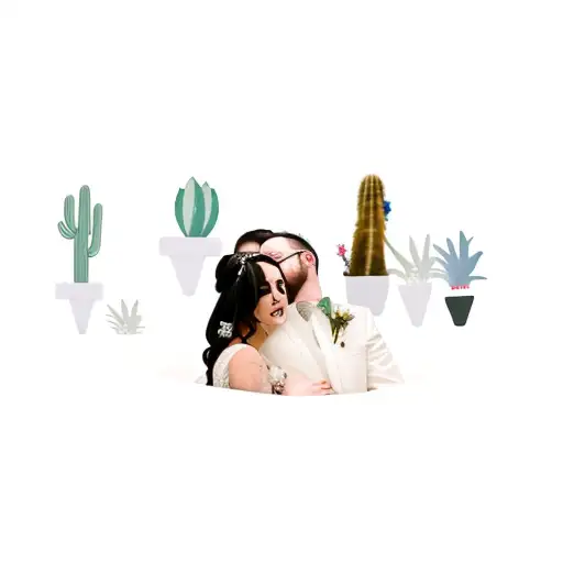 A Bride And Groom Sitting In Front Of A Cactus