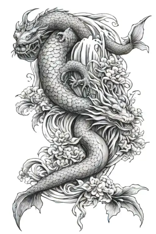 Dragon And Koi And Waterfall Flowing