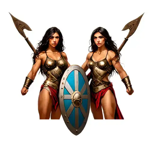 Twin Spartan Women Holding Shield