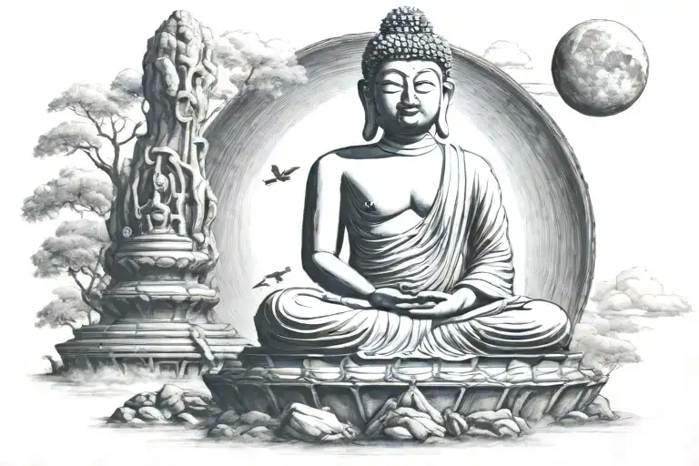 Big Buddha In Thailand Near Small Man Moon Surrounded