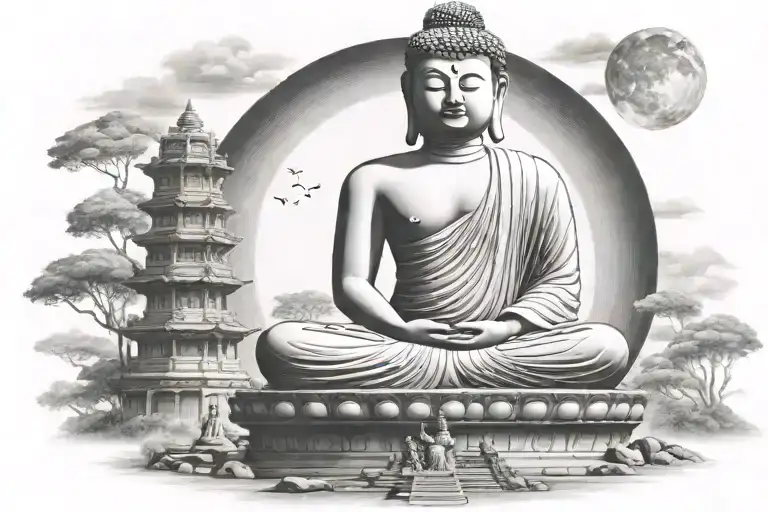 Big Buddha In Thailand Near Small Man Sitting On The Steps Moon Surrounded