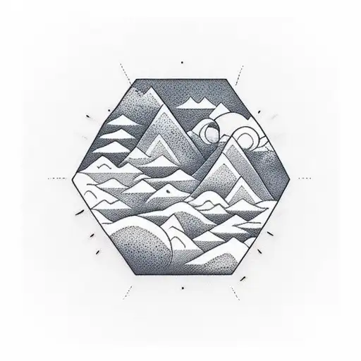 Little Mountain Design Inside A Square And Little Waves Design Inside A Circle
