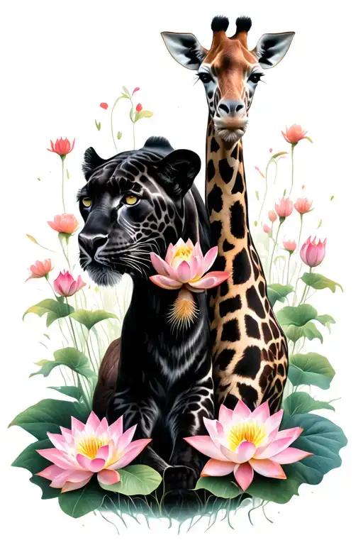 Panther And Giraffe Surrounded By Lotus Flowers Growing