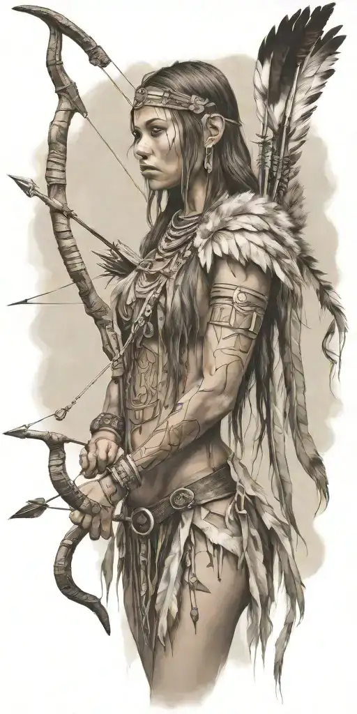 Young Adorable Cheyenne Woman Full Body With Bow And Arrow
