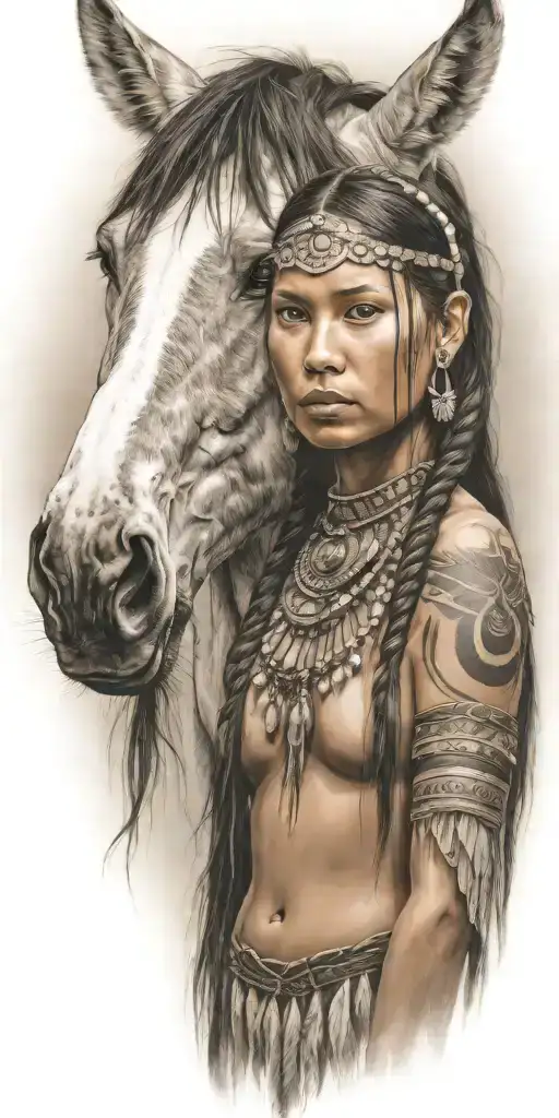 Young Adorable Lakota Woman Full Body Horse