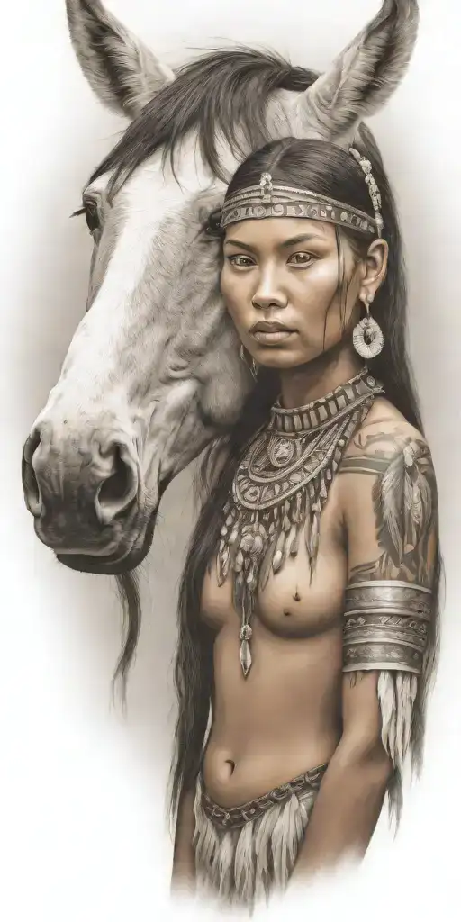 Young Adorable Lakota Woman Full Body Horse