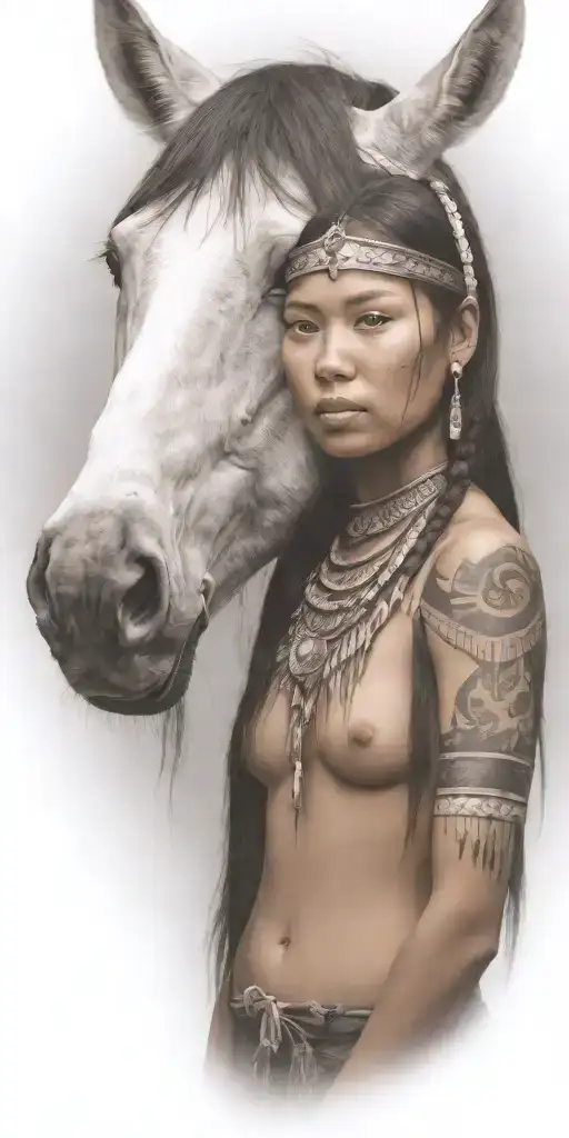 Young Adorable Lakota Woman Full Body Horse