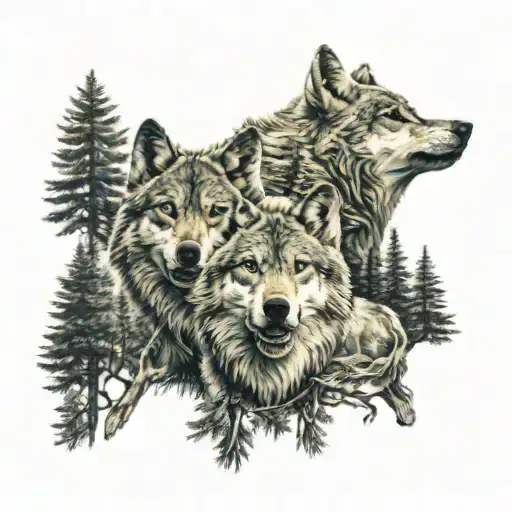 Aggressive Wolf Tattoo With Two Wolf Cubs In Front And A Forest In The Background