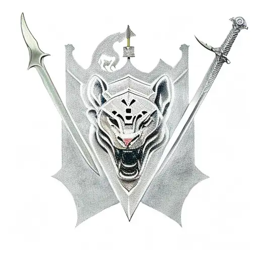 Knight Kneel With Sword Stuck On Ground With Three Lions Heads Behind Him