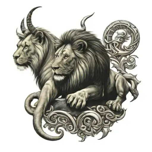 Lion Standing Behind A Capricorn And A Scorpion