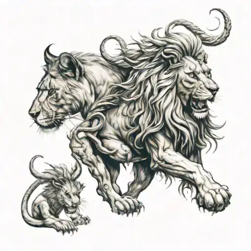 Lion Defending An Capricorn And A Scorpion