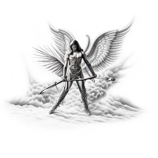 Male Angel Striking A Female Demon Down With A Flaming Sword