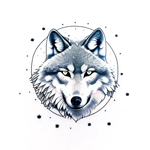 Moon With A Wolf Between Bushes