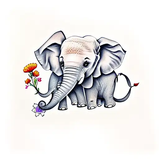 Mam And Baby Elephant With Flowers