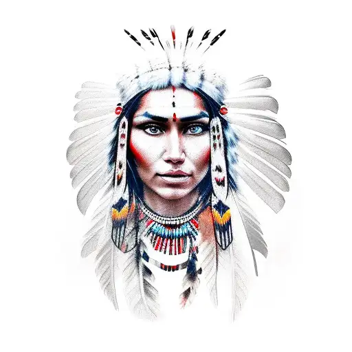 Attractive Native American Young Woman With Warpaint And A Headress