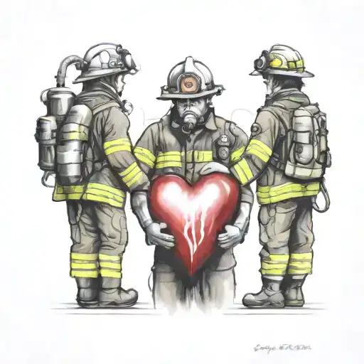 Illustrate A Firefighter Holding Hands With His Daughter And Wife In A Heart-shaped Design