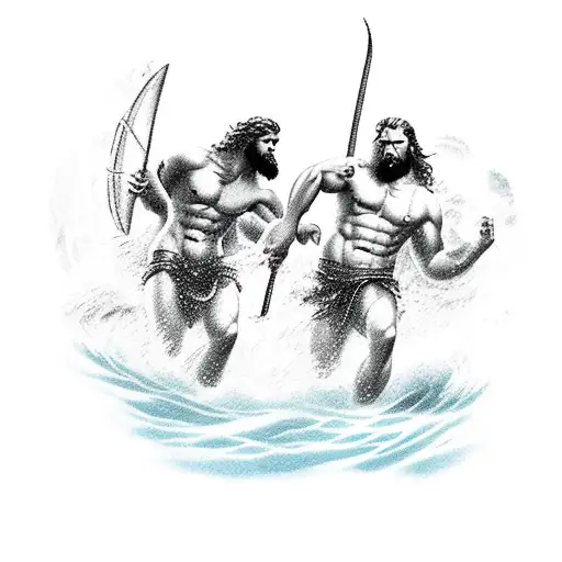 Poseidon And Zeus Fighting In The Ocean During A Lightning Storm
