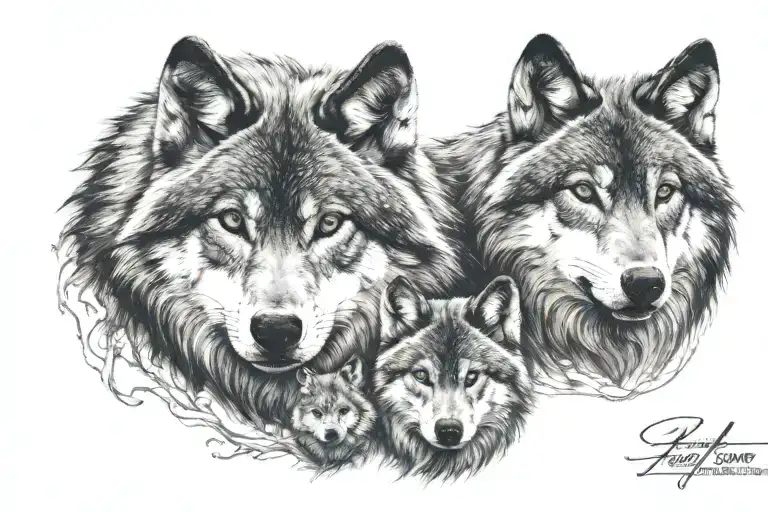 Wolf And 3 Cubs Face Only