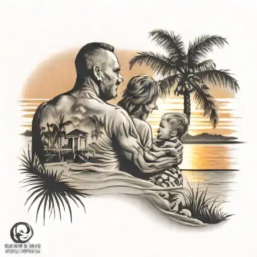 Mom And Dad With Kid On A Beach With Sunset And Palm Tress
