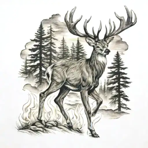 Deer And Forrest Fire Flames