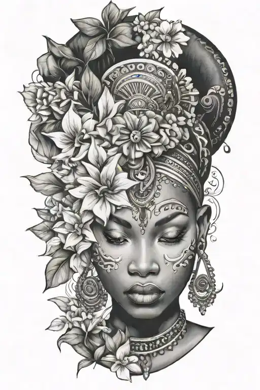 African Godess With Half Face Flowers Growing