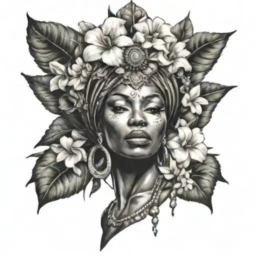 African Godess With Half Face Flowers Growing