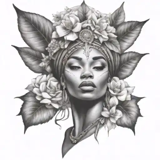 African Godess With Half Face Flowers Growing