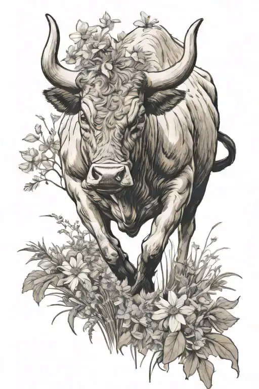 Bull Charging Through Field Of Wildflowers