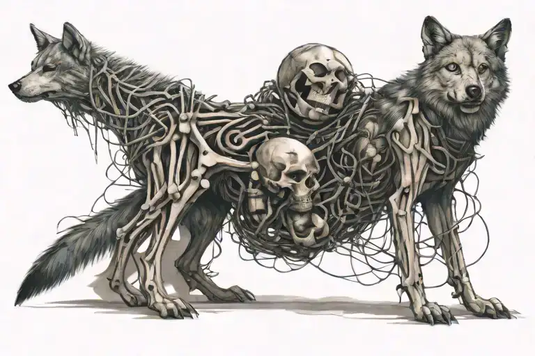 Wolf Splitting From Its Skeleton Wrapped In Wire