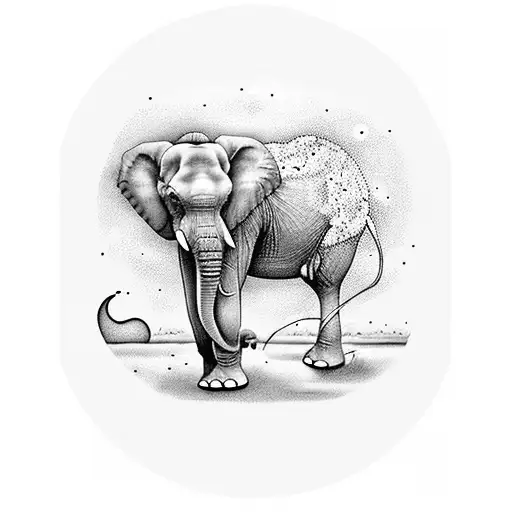 Elephant With The Moon In The Background Walking In A Field Of Dahlia Flowers