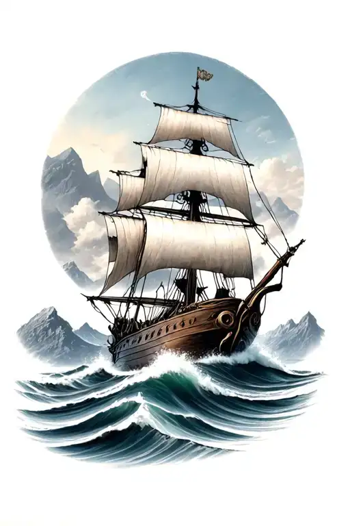 Incorporate A Mountain Range Into A Viking Ship Sailing Through Rough Seas
