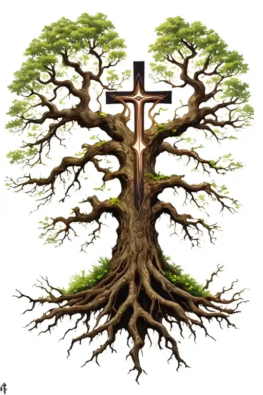 Yggdrasil Tree With A Christian Cross Being Grown Around In The Trunk